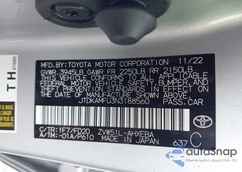 2022 Toyota Prius Le из США, поврежденный, VIN JTDKAMFU3N3188560